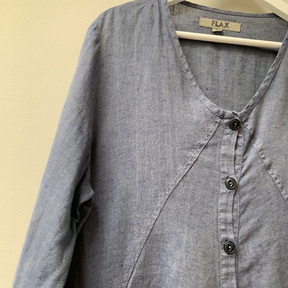 FLAX Linen Tunic Top Size Small Blue Holiday Relaxed Oversized Long Sleeves - Picture 9 of 10